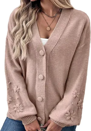 Flamingals Women's Elegant Cardigan Long Sleeve Floral Loose Fit Button Down Coats