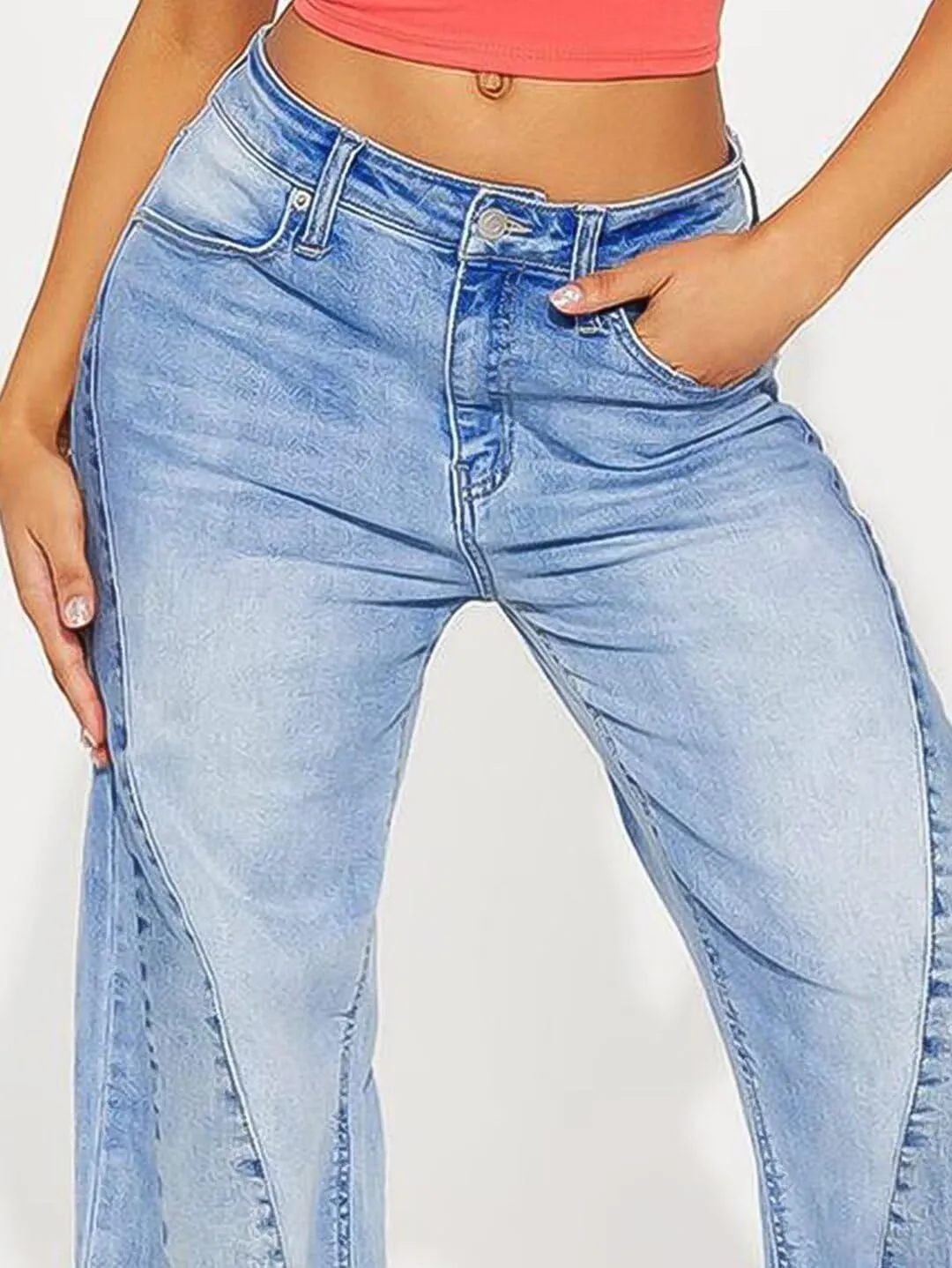 Flamingals Women's Wide Leg Baggy Jeans Mid Rise Wash Stretchy Boyfriend Y2K Colorblock Jeans