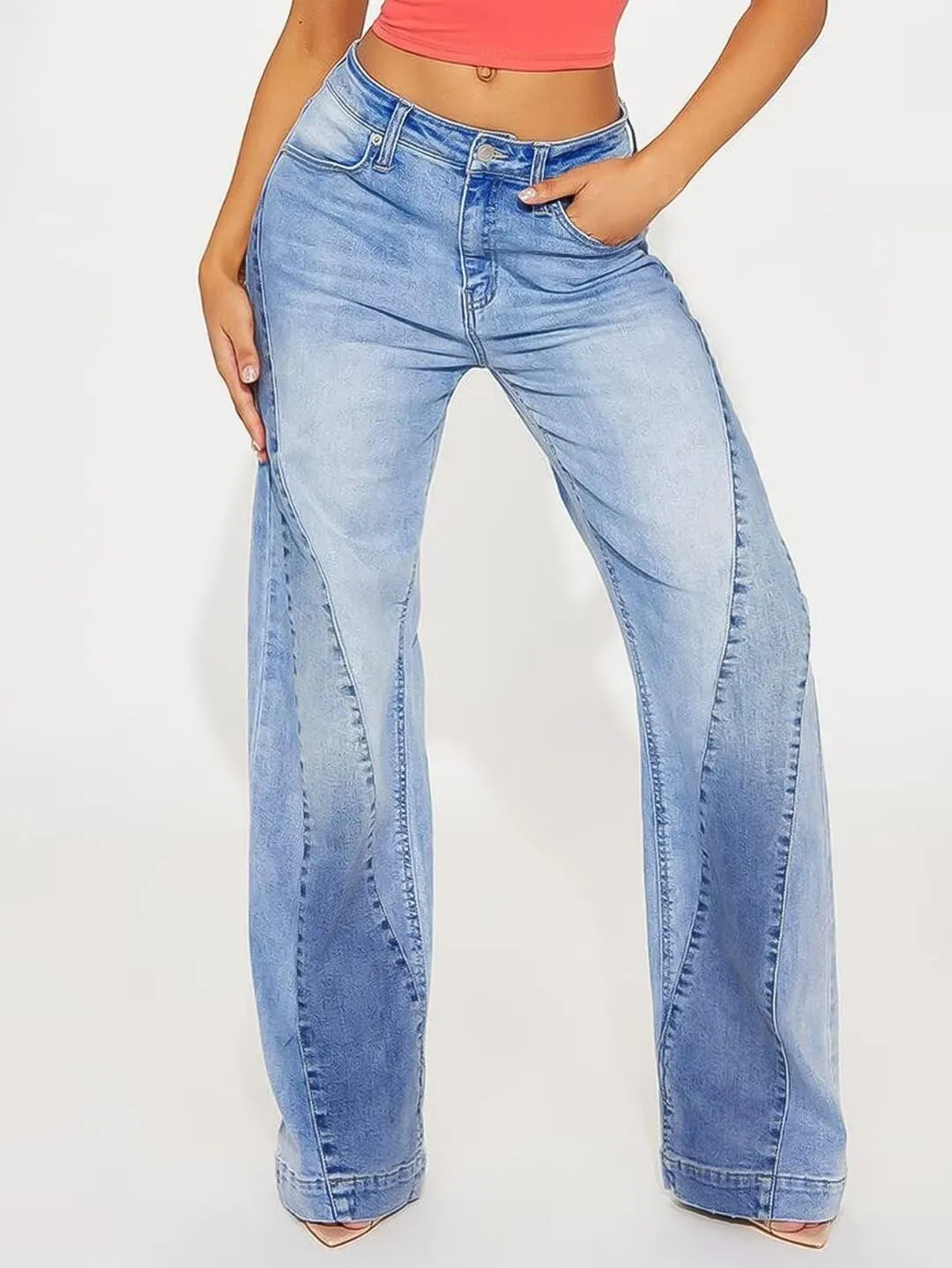 Flamingals Women's Wide Leg Baggy Jeans Mid Rise Wash Stretchy Boyfriend Y2K Colorblock Jeans