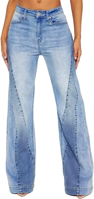 Flamingals Women's Wide Leg Baggy Jeans Mid Rise Wash Stretchy Boyfriend Y2K Colorblock Jeans