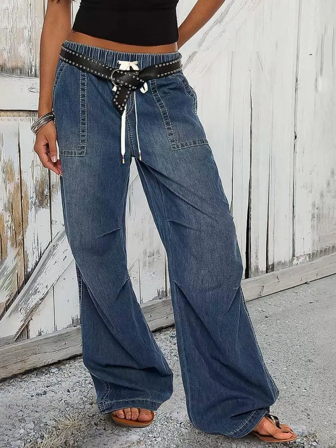 Flamingals Women's Wide Leg Cargo Jeans Drawstring High Rise Elastic Stretchy Wash Flap Pocket Casual Cargo Jeans