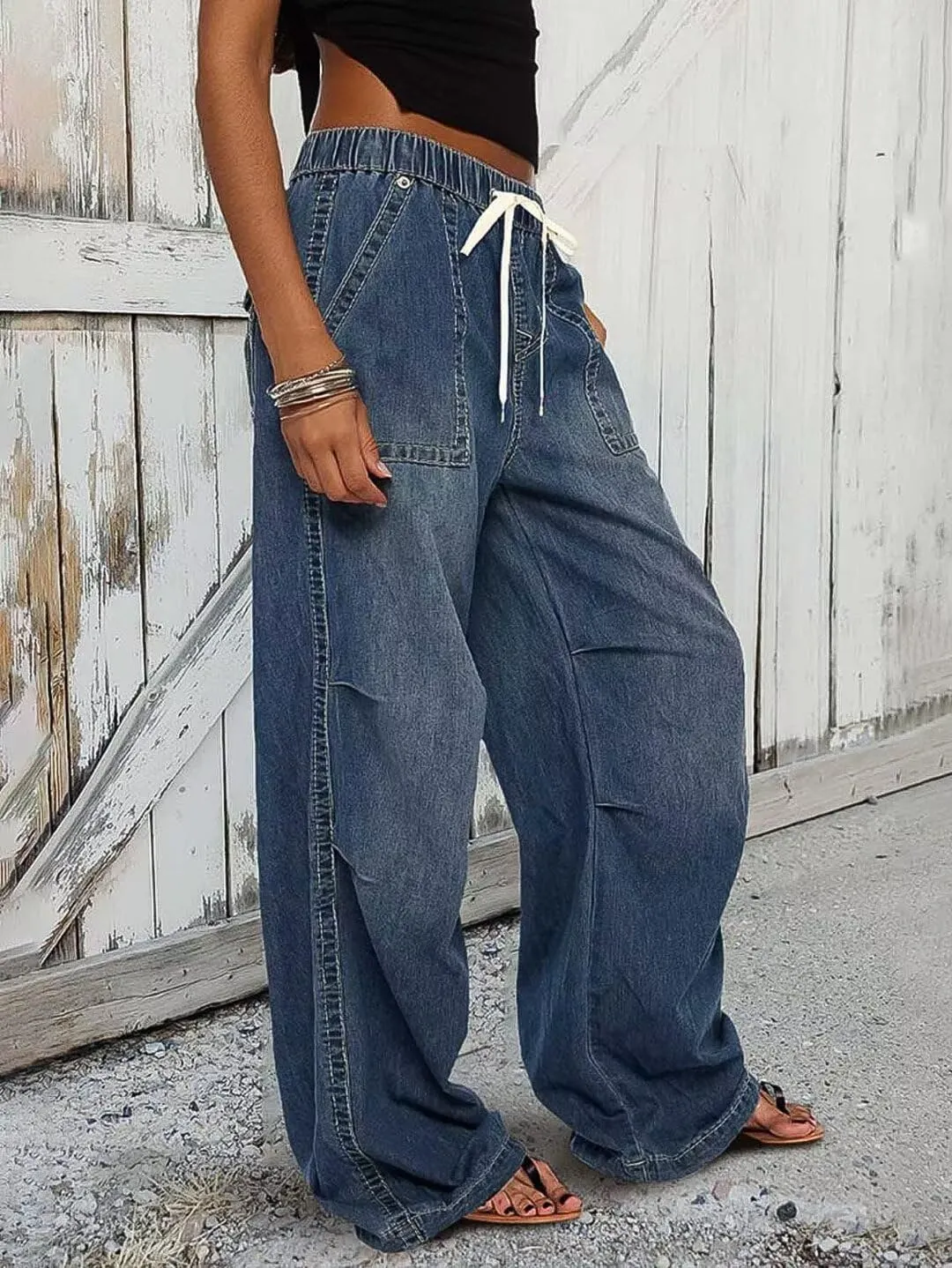 Flamingals Women's Wide Leg Cargo Jeans Drawstring High Rise Elastic Stretchy Wash Flap Pocket Casual Cargo Jeans