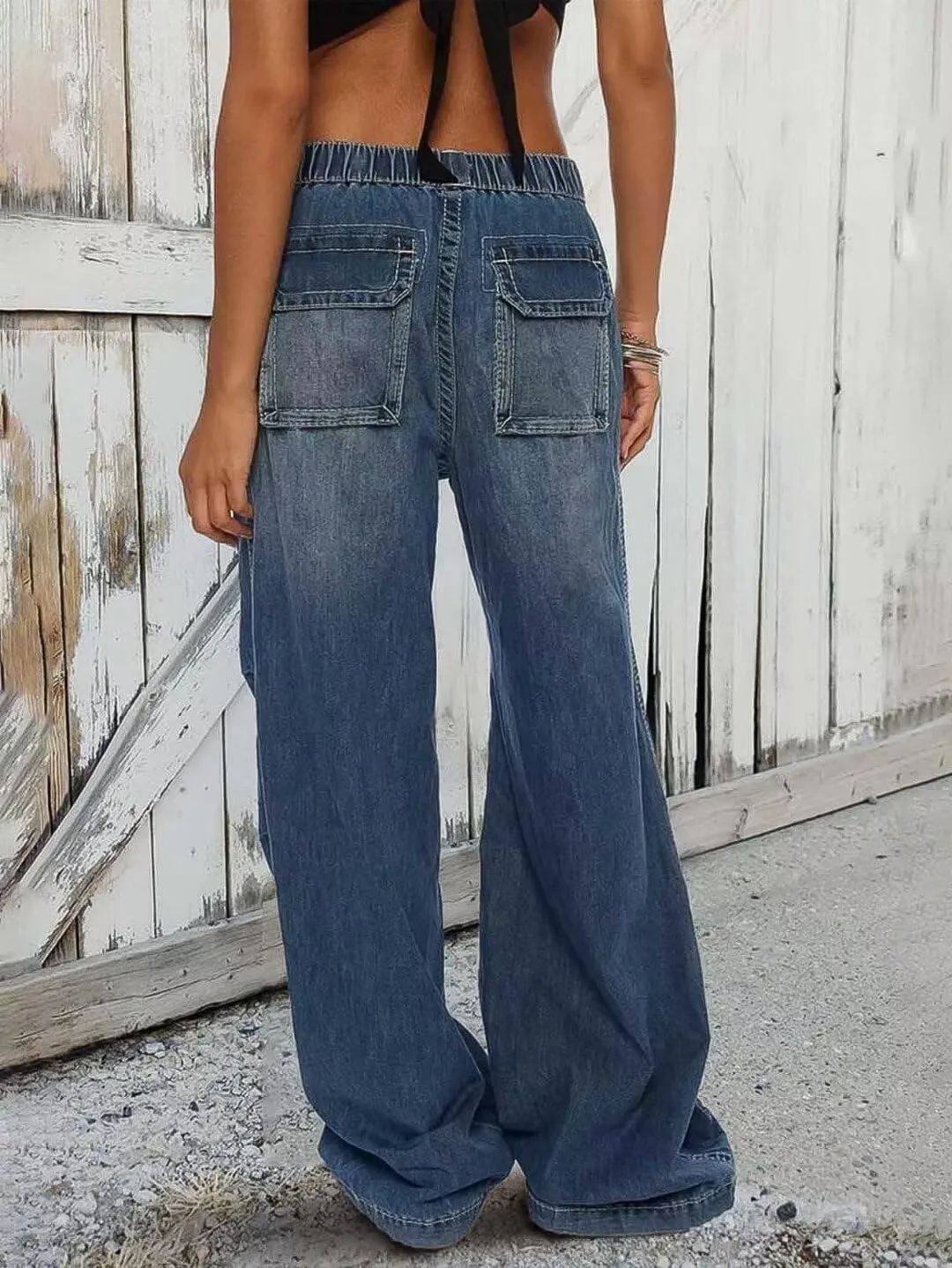 Flamingals Women's Wide Leg Cargo Jeans Drawstring High Rise Elastic Stretchy Wash Flap Pocket Casual Cargo Jeans