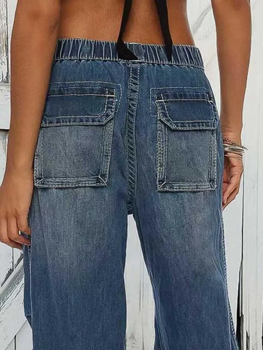 Flamingals Women's Wide Leg Cargo Jeans Drawstring High Rise Elastic Stretchy Wash Flap Pocket Casual Cargo Jeans