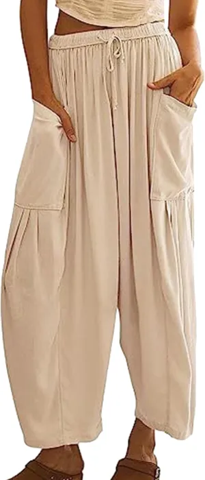 FLITAY Women Solid Color Elastic Waisted Pant Pleated Wide Leg Pants Drawstring Loose Fit Casual Trousers with Pockets