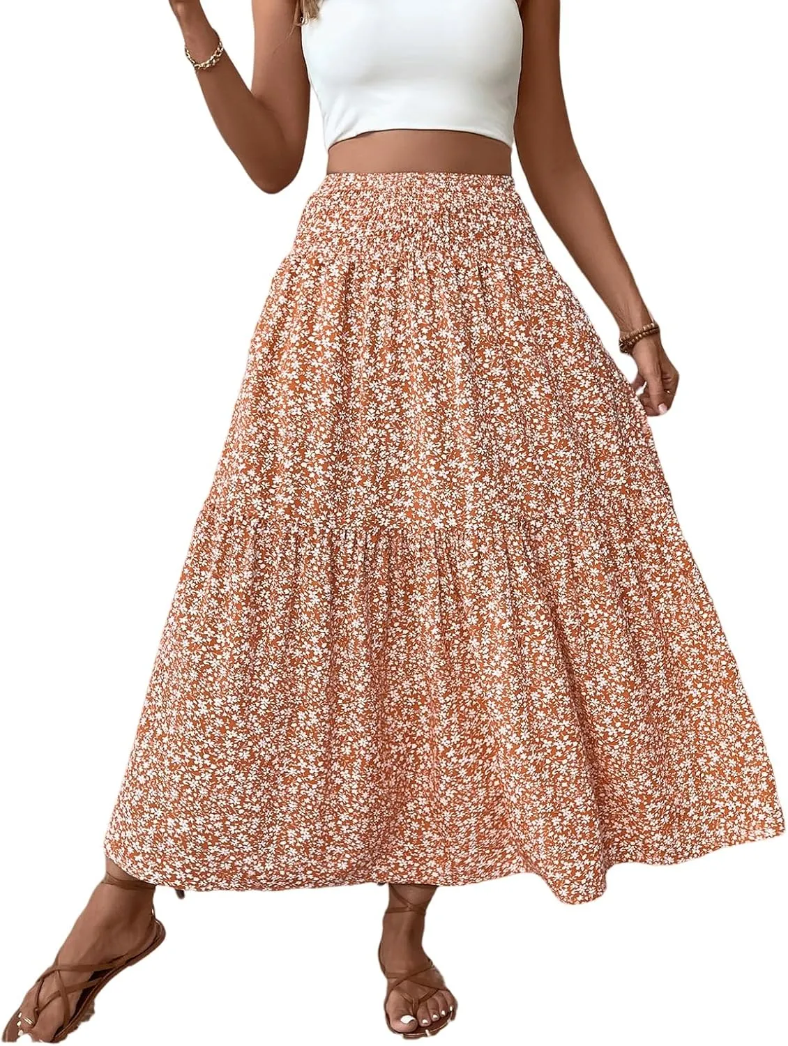 Floral Maxi Skirt for Women Tiered Elastic High Waisted Skirts Casual Summer Vacation A-Line Flowy Swing Long Skirts