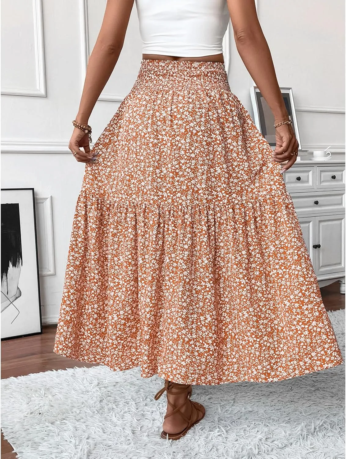 Floral Maxi Skirt for Women Tiered Elastic High Waisted Skirts Casual Summer Vacation A-Line Flowy Swing Long Skirts