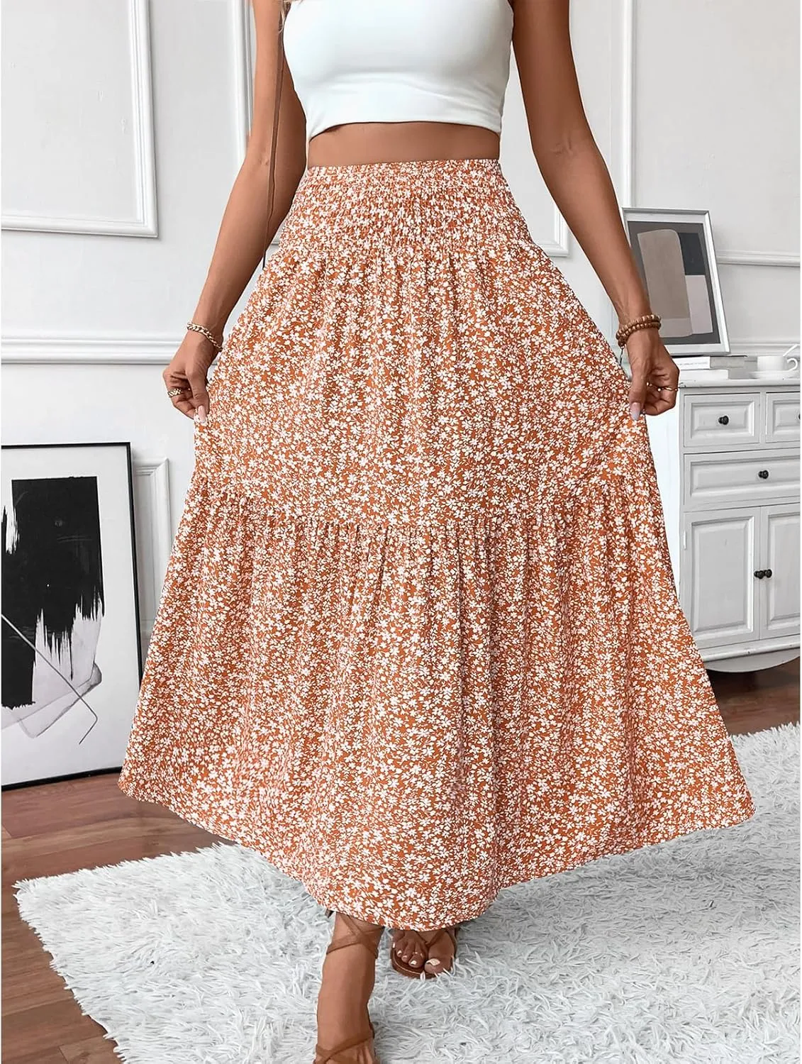 Floral Maxi Skirt for Women Tiered Elastic High Waisted Skirts Casual Summer Vacation A-Line Flowy Swing Long Skirts