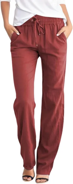 Flowy Pants for Women Elastic Waist Wide Leg Trousers Lightweight Linen Blend Casual Summer Beachwear Loose Fit