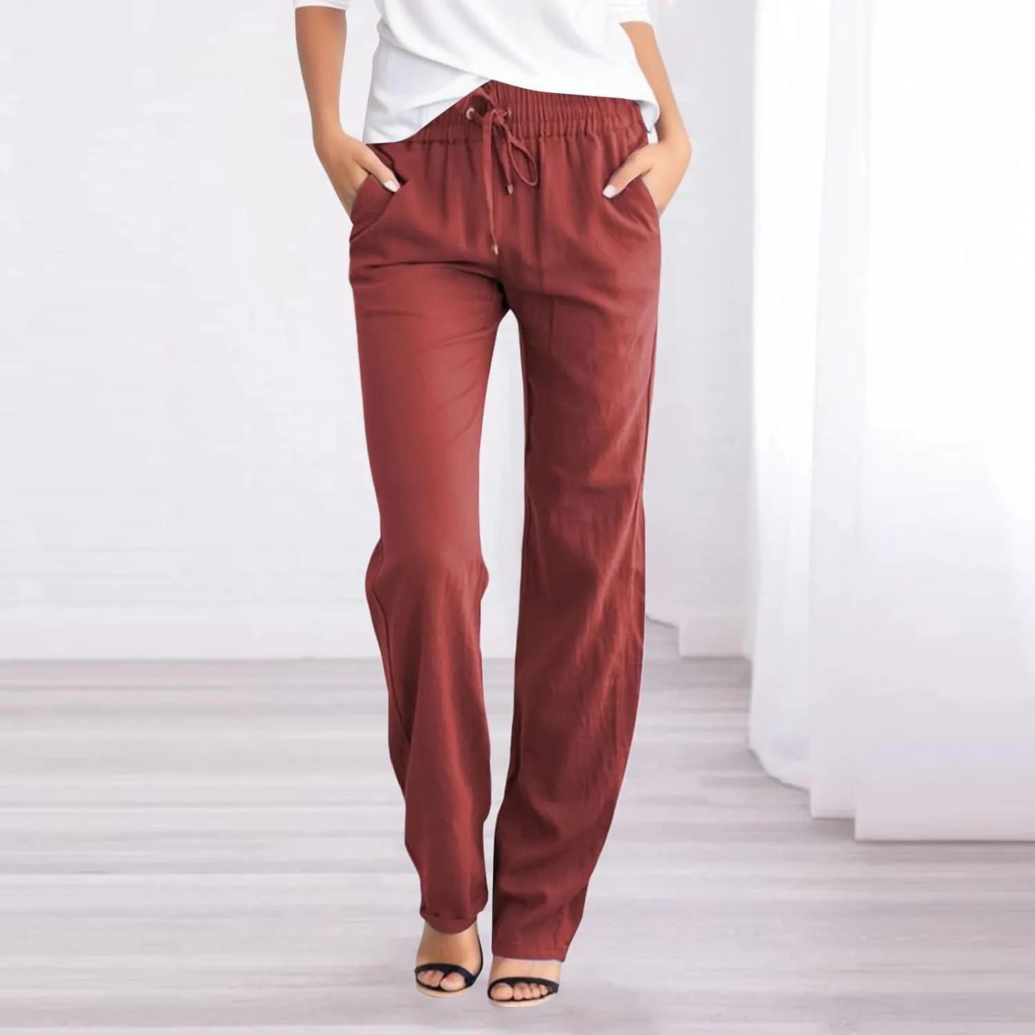 Flowy Pants for Women Elastic Waist Wide Leg Trousers Lightweight Linen Blend Casual Summer Beachwear Loose Fit