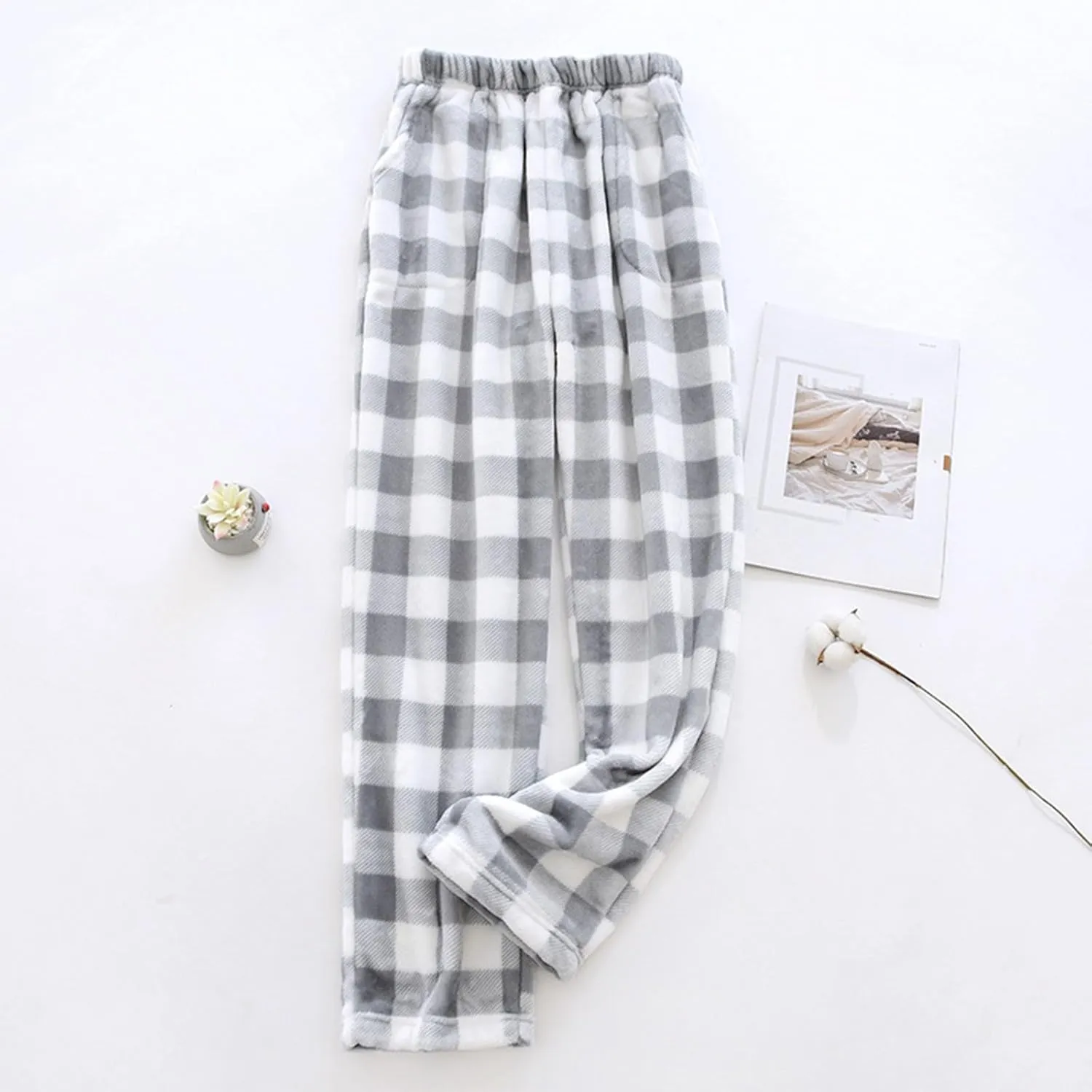 Fluffy Flannel Pajama Pants - Women's Fuzzy Buffalo Plaid Pjs Comfortable Soft Elastic Waist Sleep Pants