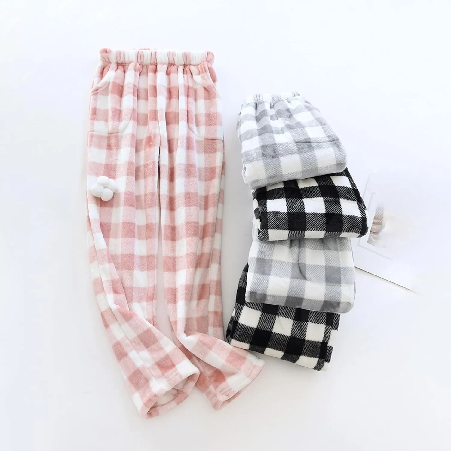 Fluffy Flannel Pajama Pants - Women's Fuzzy Buffalo Plaid Pjs Comfortable Soft Elastic Waist Sleep Pants