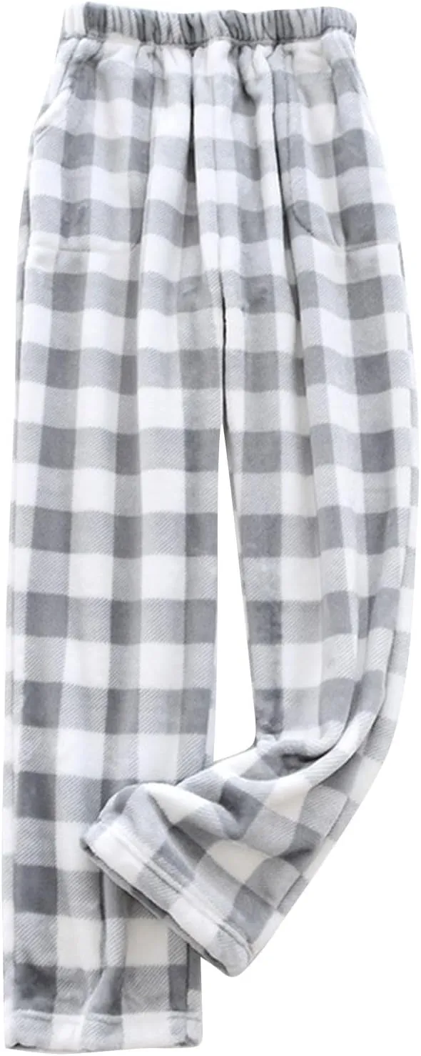 Fluffy Flannel Pajama Pants - Women's Fuzzy Buffalo Plaid Pjs Comfortable Soft Elastic Waist Sleep Pants