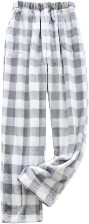 Fluffy Flannel Pajama Pants - Women's Fuzzy Buffalo Plaid Pjs Comfortable Soft Elastic Waist Sleep Pants