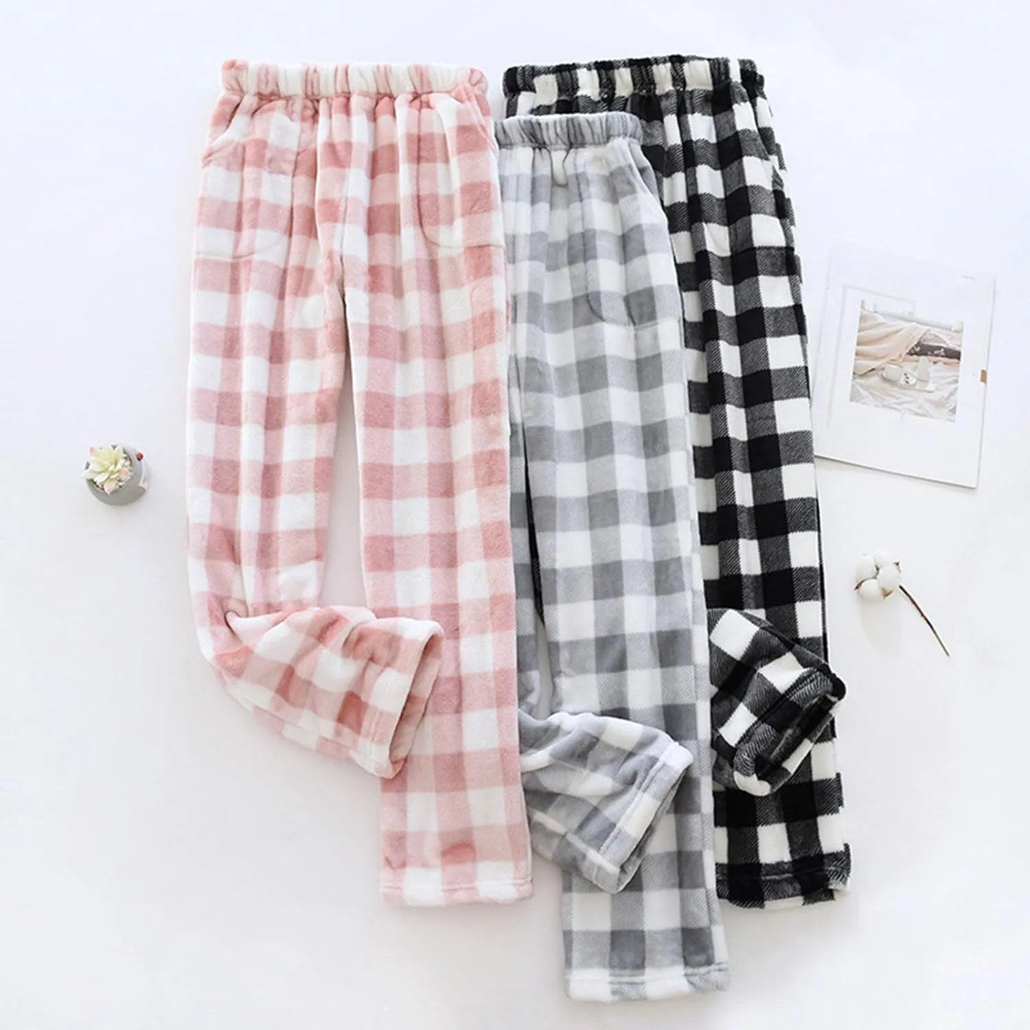Fluffy Flannel Pajama Pants - Women's Fuzzy Buffalo Plaid Pjs Comfortable Soft Elastic Waist Sleep Pants