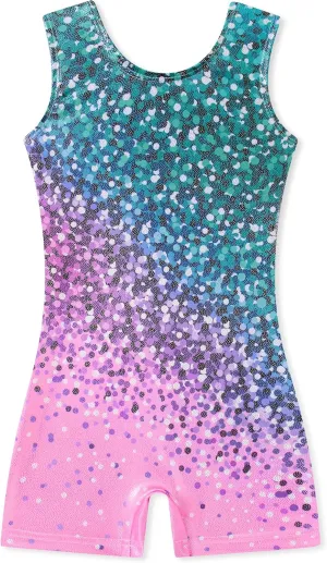 Funnycokid Girls Gymnastics Leotards with Shorts Sparkle Dance Unitards Mermaid Active Biketards 2-10 Years