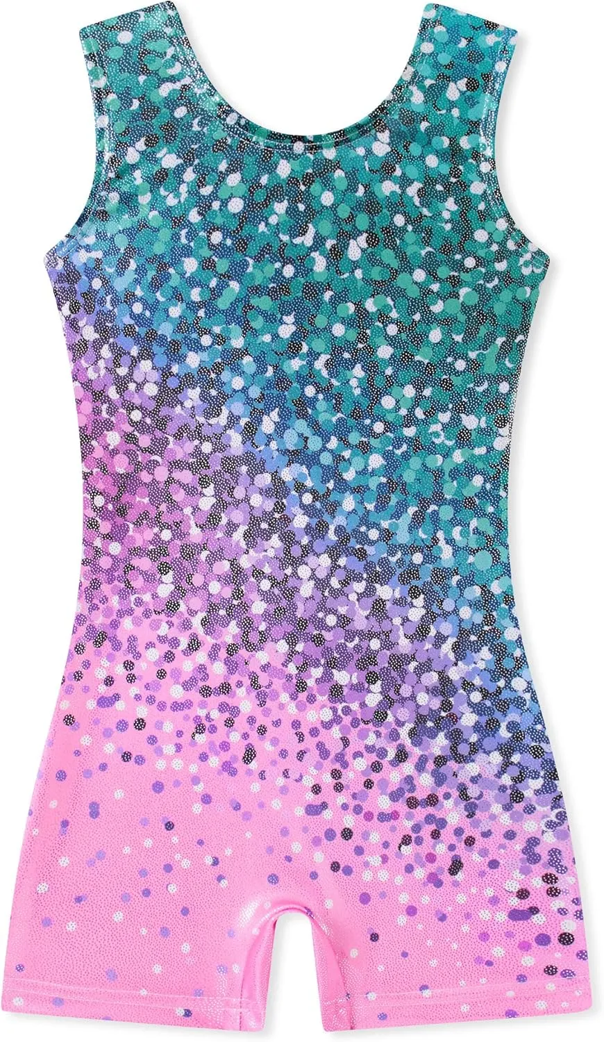 Funnycokid Girls Gymnastics Leotards with Shorts Sparkle Dance Unitards Mermaid Active Biketards 2-10 Years