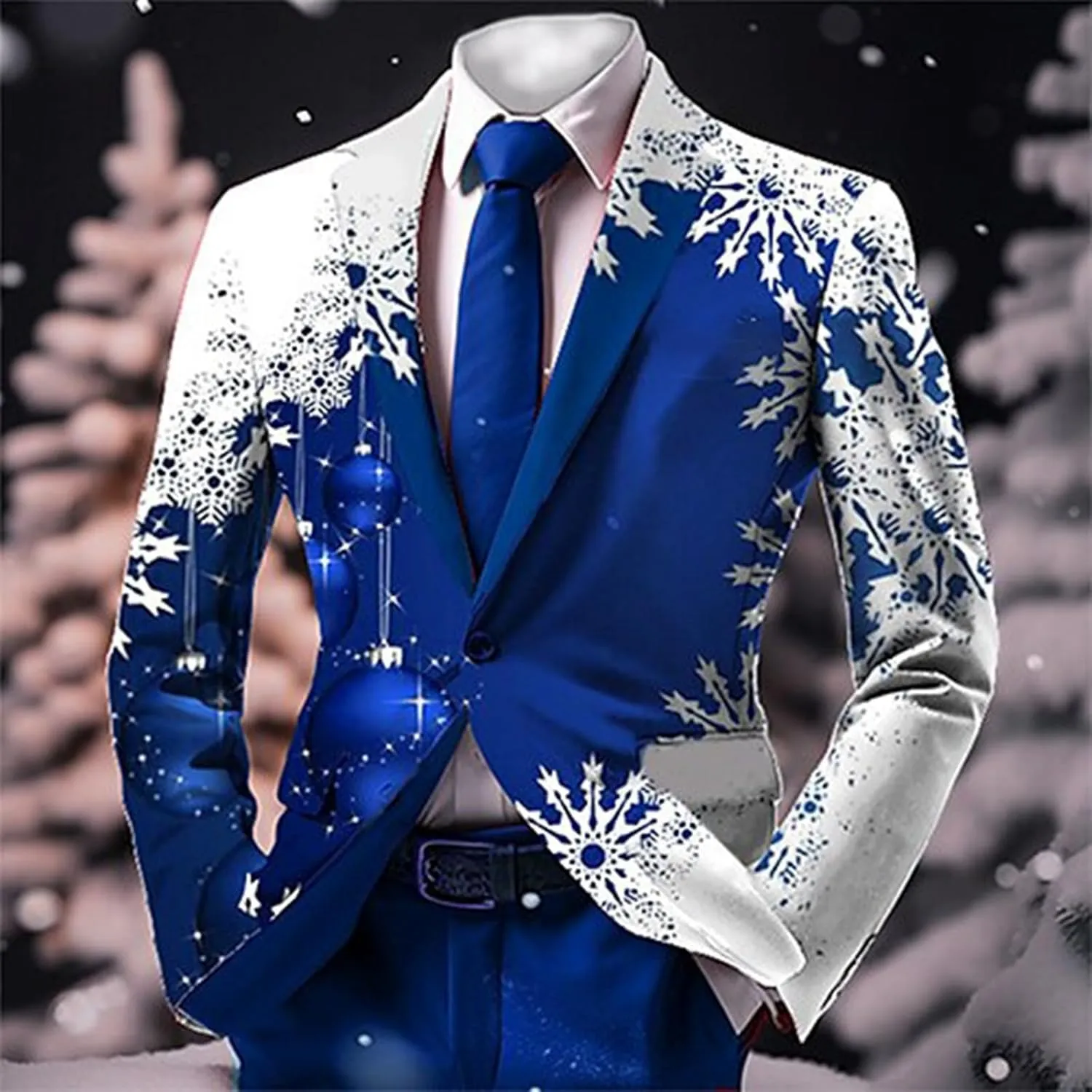 Fxbar Christmas Blazer for Mens Ugly Xmas Tree Snowflake Print Tuxedo Suit Jacket One Button Lapel Party Blazers