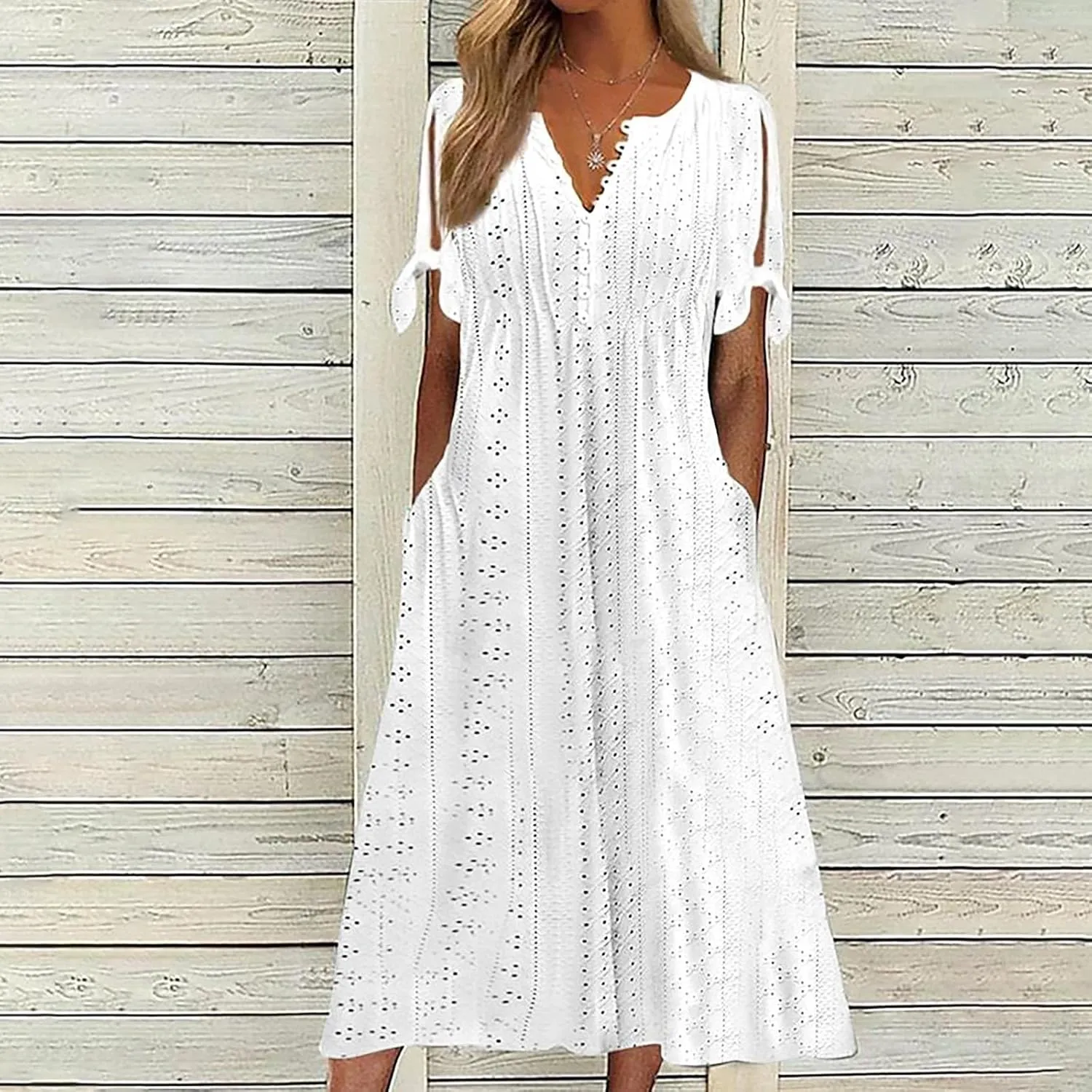 FZYLQY Summer Dresses for Womens 2024 Fashion Hollow Out Sundress Short Sleeve V Neck Dress Button Ruffle Flowy A-Line Dress