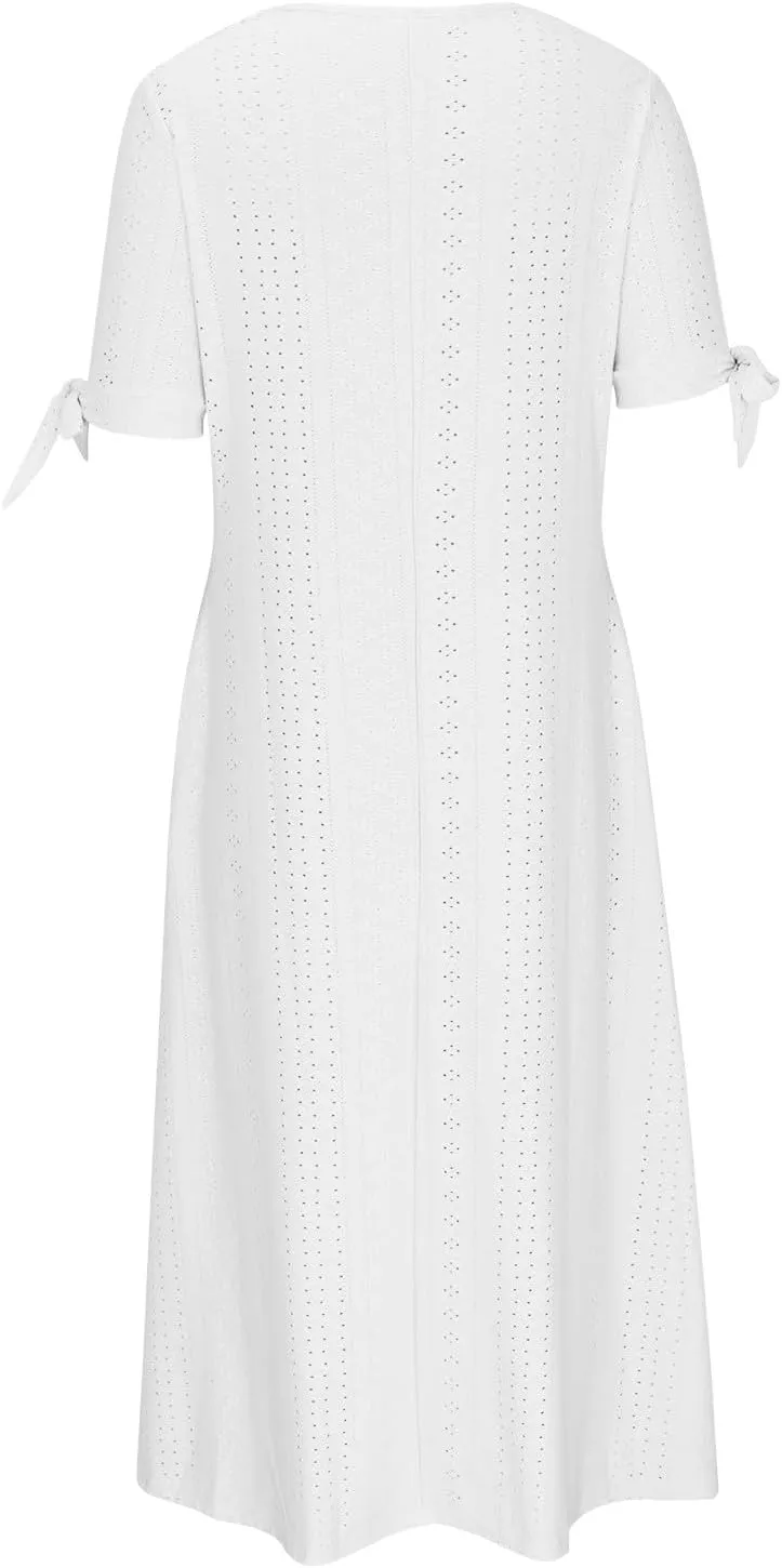 FZYLQY Summer Dresses for Womens 2024 Fashion Hollow Out Sundress Short Sleeve V Neck Dress Button Ruffle Flowy A-Line Dress