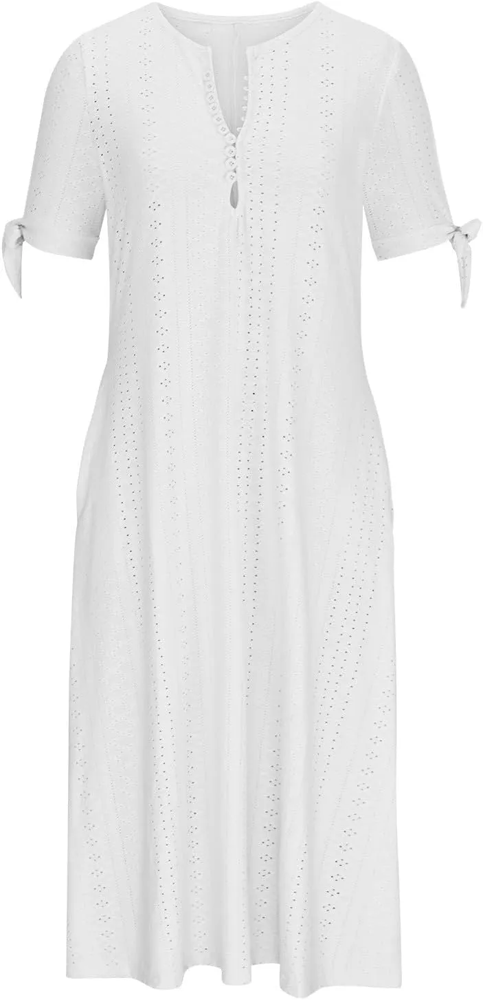 FZYLQY Summer Dresses for Womens 2024 Fashion Hollow Out Sundress Short Sleeve V Neck Dress Button Ruffle Flowy A-Line Dress