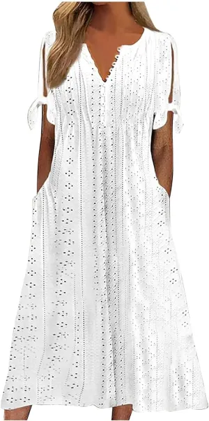FZYLQY Summer Dresses for Womens 2024 Fashion Hollow Out Sundress Short Sleeve V Neck Dress Button Ruffle Flowy A-Line Dress