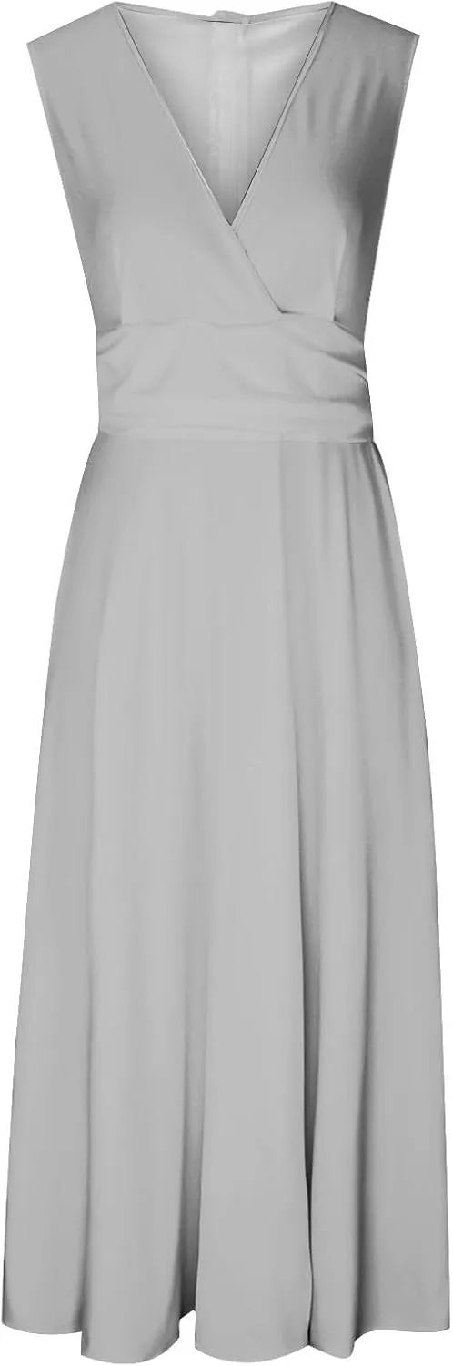 FZYLQY Sundresses for Women, 2024 Spring Summer Elegant Wrap V Neck Sleeveless Maxi Dress, Trendy Solid Flowy Beach Dress