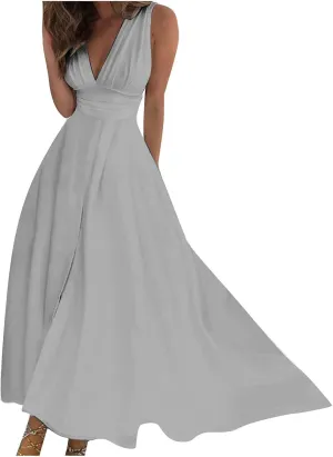FZYLQY Sundresses for Women, 2024 Spring Summer Elegant Wrap V Neck Sleeveless Maxi Dress, Trendy Solid Flowy Beach Dress