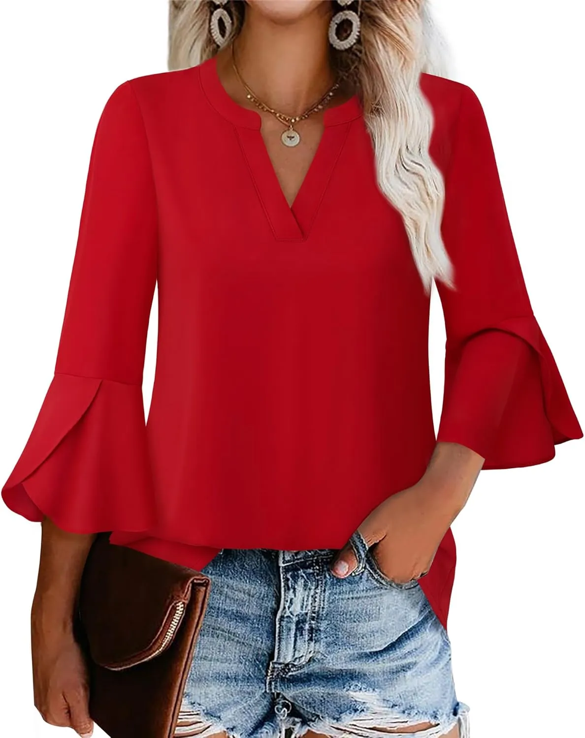 Gaharu Women's Work Blouses Ruffle 3/4 Sleeve Dressy Top V Neck Casual Chiffon Tunic Blouses Business Shirts