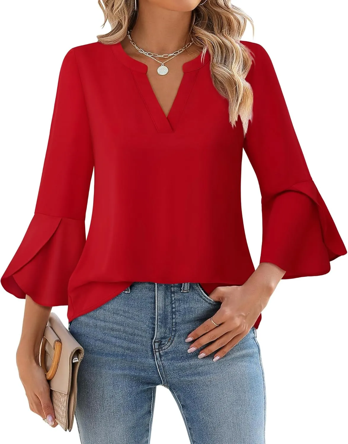 Gaharu Women's Work Blouses Ruffle 3/4 Sleeve Dressy Top V Neck Casual Chiffon Tunic Blouses Business Shirts
