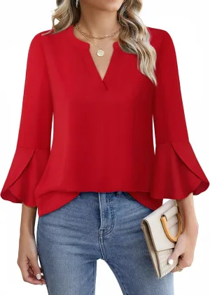 Gaharu Women's Work Blouses Ruffle 3/4 Sleeve Dressy Top V Neck Casual Chiffon Tunic Blouses Business Shirts