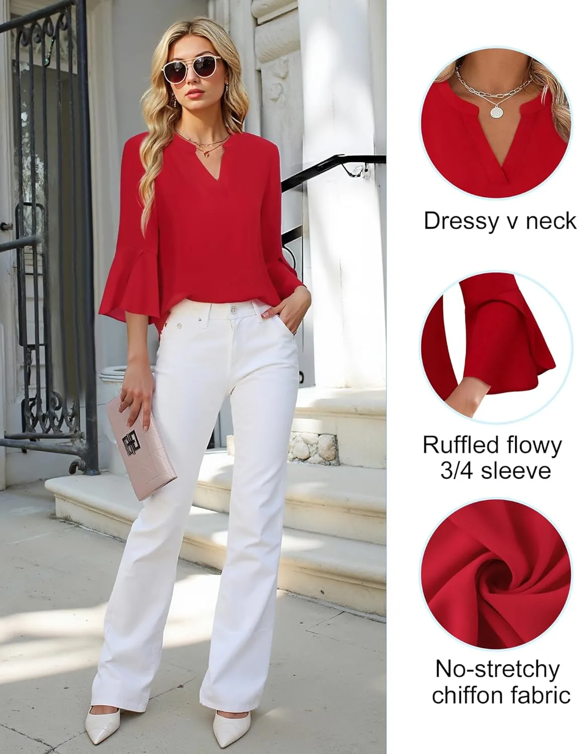 Gaharu Women's Work Blouses Ruffle 3/4 Sleeve Dressy Top V Neck Casual Chiffon Tunic Blouses Business Shirts