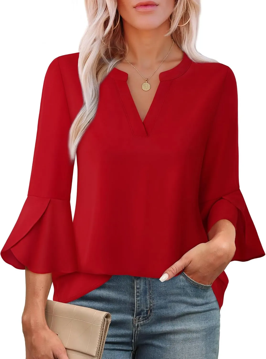 Gaharu Women's Work Blouses Ruffle 3/4 Sleeve Dressy Top V Neck Casual Chiffon Tunic Blouses Business Shirts
