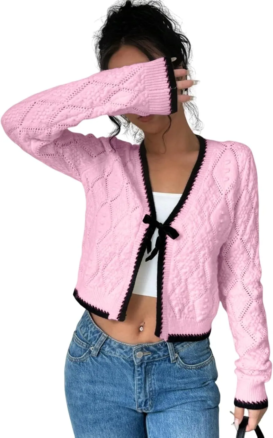 GORGLITTER Women's Bow Tie Front Cropped Cardigan Sweaters Crochet Long Sleeve Knitted Tops