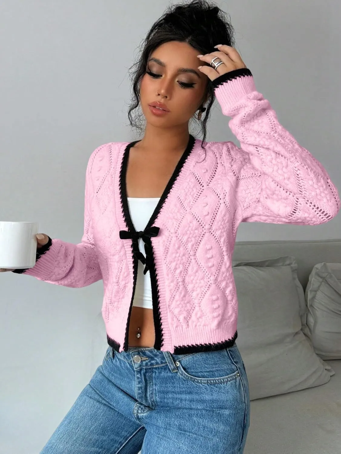 GORGLITTER Women's Bow Tie Front Cropped Cardigan Sweaters Crochet Long Sleeve Knitted Tops