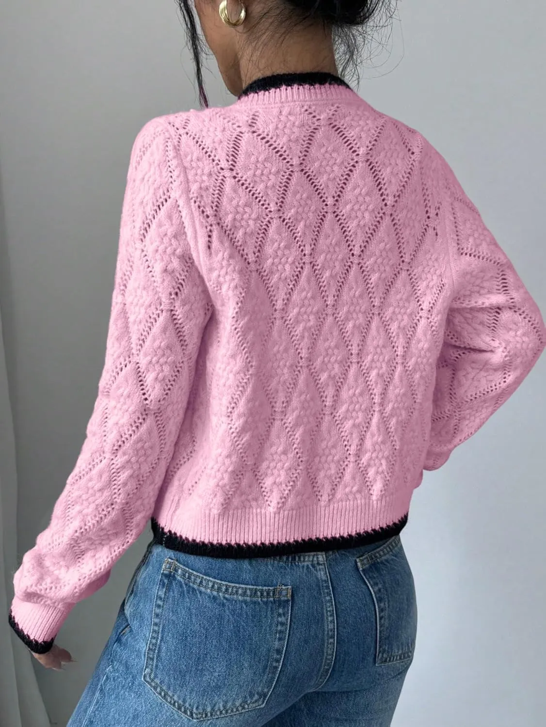 GORGLITTER Women's Bow Tie Front Cropped Cardigan Sweaters Crochet Long Sleeve Knitted Tops