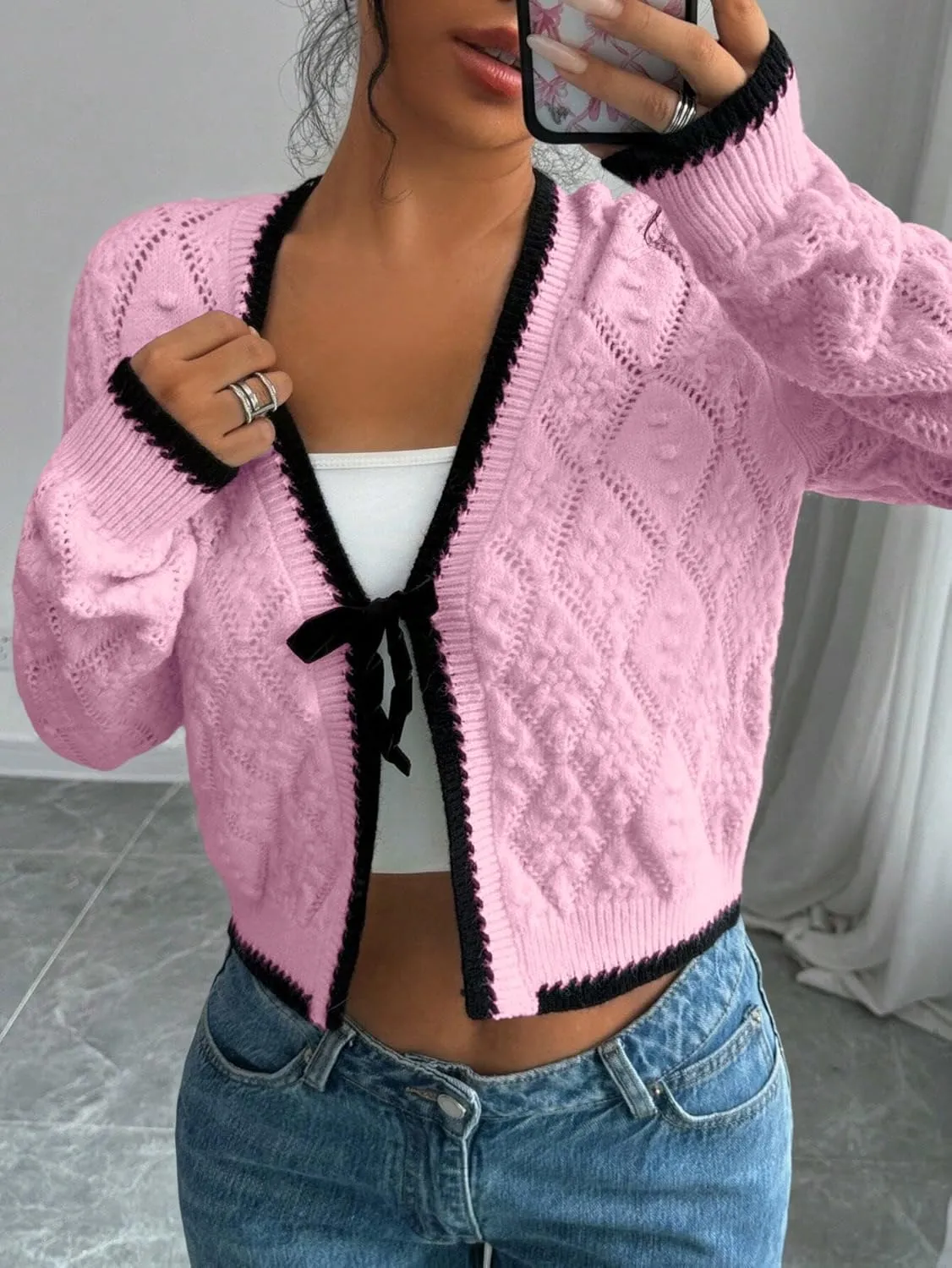 GORGLITTER Women's Bow Tie Front Cropped Cardigan Sweaters Crochet Long Sleeve Knitted Tops