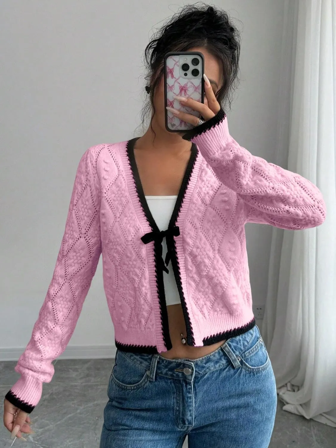 GORGLITTER Women's Bow Tie Front Cropped Cardigan Sweaters Crochet Long Sleeve Knitted Tops