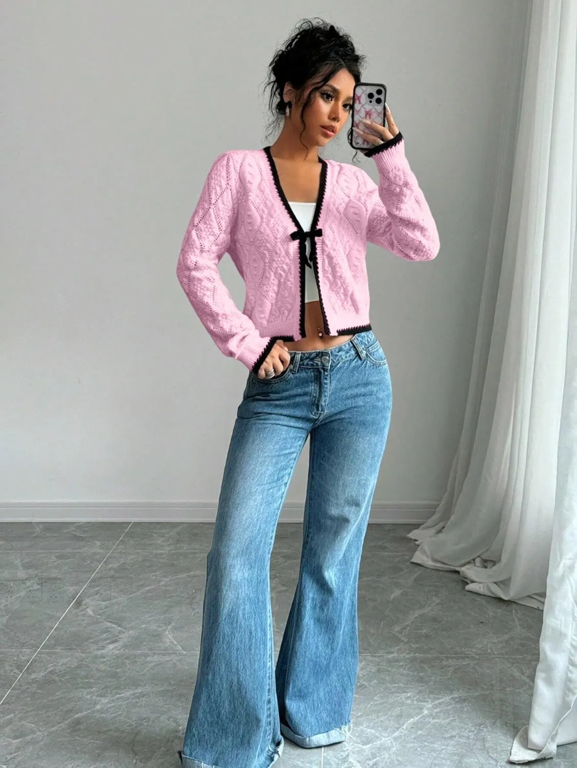 GORGLITTER Women's Bow Tie Front Cropped Cardigan Sweaters Crochet Long Sleeve Knitted Tops
