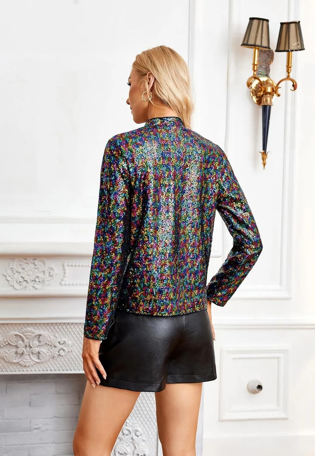 GRACE KARIN Sequin Blazer for Women Sparkly Sequin Jacket Long Sleeve Open Front Sequin Cardigan