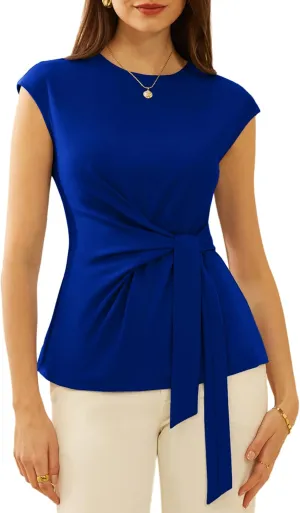GRACE KARIN Womens Cap Sleeve Tops 2025 Summer Tie Waist Crew Neck Elegant Blouse Dressy Casual Work Business Shirts