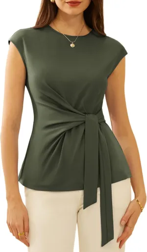 GRACE KARIN Womens Cap Sleeve Tops 2025 Summer Tie Waist Crew Neck Elegant Blouse Dressy Casual Work Business Shirts