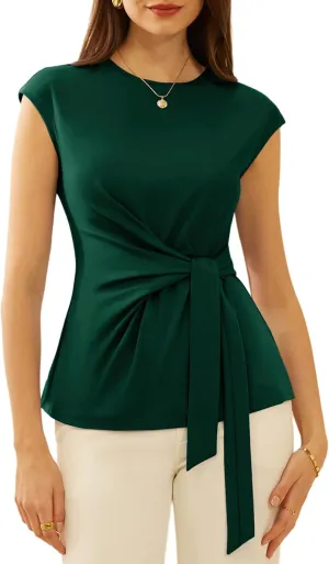 GRACE KARIN Womens Cap Sleeve Tops 2025 Summer Tie Waist Crew Neck Elegant Blouse Dressy Casual Work Business Shirts