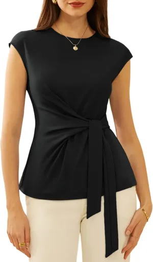GRACE KARIN Womens Cap Sleeve Tops 2025 Summer Tie Waist Crew Neck Elegant Blouse Dressy Casual Work Business Shirts