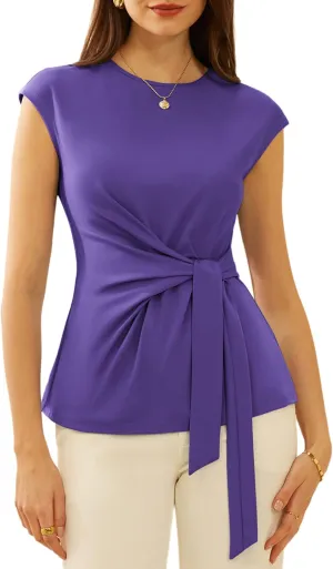 GRACE KARIN Womens Cap Sleeve Tops 2025 Summer Tie Waist Crew Neck Elegant Blouse Dressy Casual Work Business Shirts