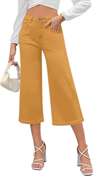 GRAPENT Jean Capris for Women Wide Leg Jeans High Waisted Crop Denim Capri Pants Stretchy Baggy