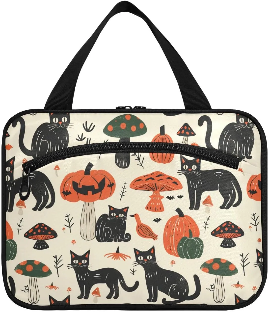 Halloween Cats Pumpkins Mushrooms Bold Linework hanging large travel toiletry bag with hook, designer chic makeup case for adults cruises bolso de mano para hombre L