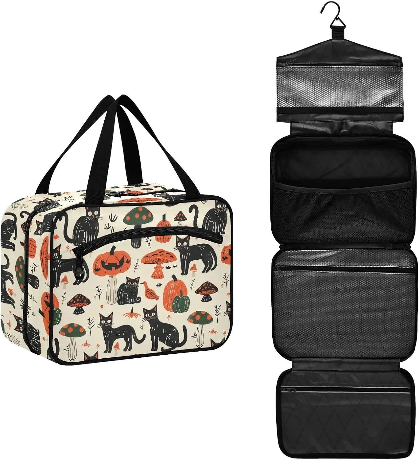 Halloween Cats Pumpkins Mushrooms Bold Linework hanging large travel toiletry bag with hook, designer chic makeup case for adults cruises bolso de mano para hombre L