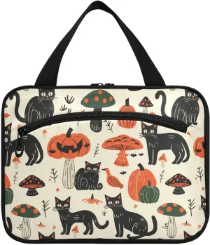 Halloween Cats Pumpkins Mushrooms Bold Linework hanging large travel toiletry bag with hook, designer chic makeup case for adults cruises bolso de mano para hombre L