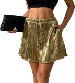 heipeiwa Women's Metallic Shorts Summer Beach Party Club Sequin Shiny Pleated Casual Dressy Pant Shorts
